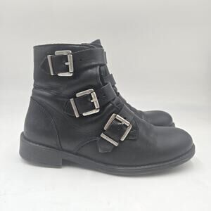 Chambers Womens Leather combat Moto Boot Black Buckles Made in Portugal Size 6.5